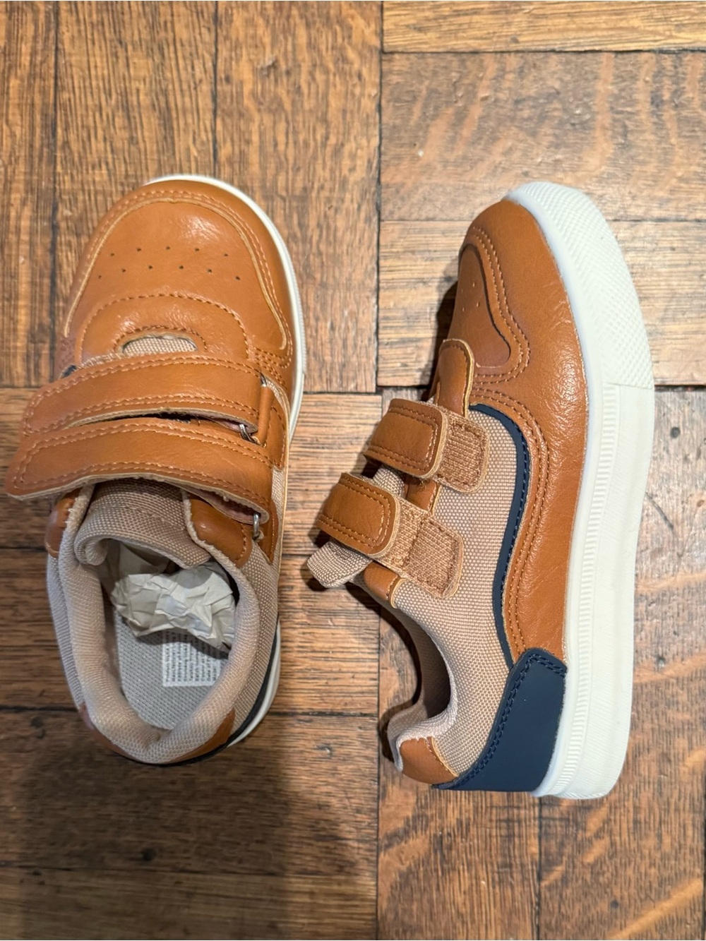 Kids Brown Sneakers Faux Leather with Navy Blue Trim Velcro SZ 10.5 NWOT